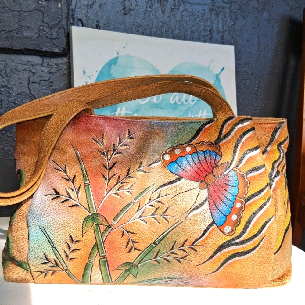 Hand-Painted Tan Butterfly Leather Bag Anna by Anushka EUC